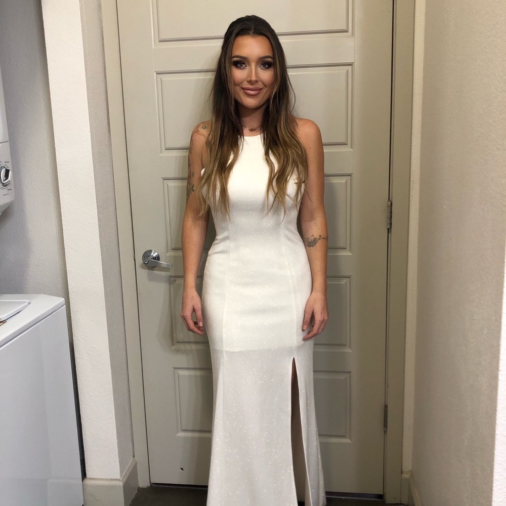 White high neck maxi dress with gold shimmer